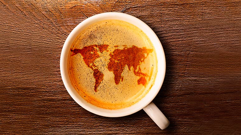 Café con mapa del mundo